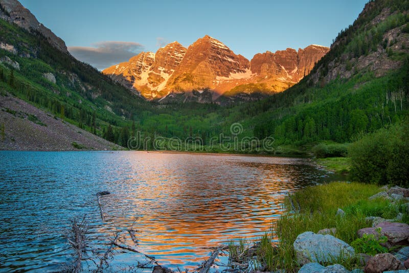 The Famous Maroon Bells of Colrado. A beautiful shot of the famous Maroon Bells near Aspen, Colorado shortly after sunrise, before the sun has lit up the canyon