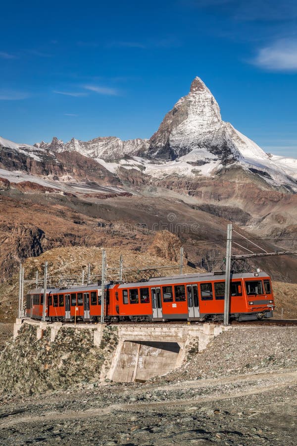 Matterhorn peak with Gornergrat train in Zermatt area, Switzerland royalty free stock photography Matterhorn peak with Gornergrat train in Zermatt area, Switzerland royalty free stock photography