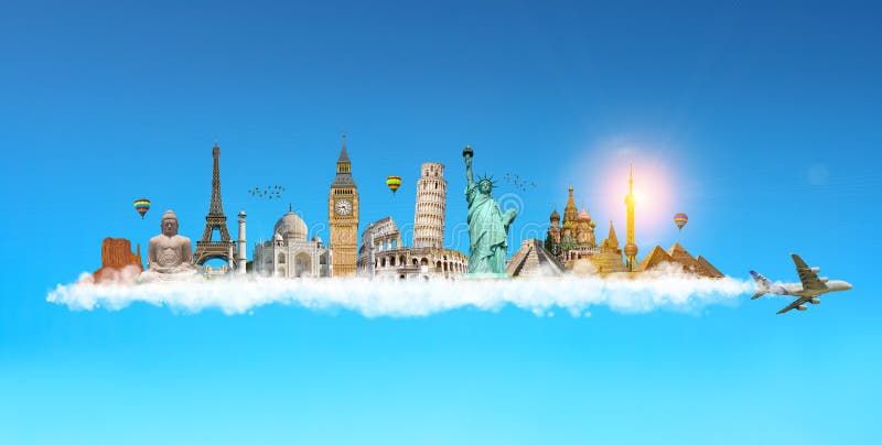 Famous monuments of the world behind a plane in blue sky