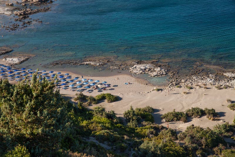 Famous nudist beach in Faliraki. Top view of the beach in Rhodes royalty free stock photography Famous nudist beach in Faliraki. Top view of the beach in Rhodes royalty free stock photography
