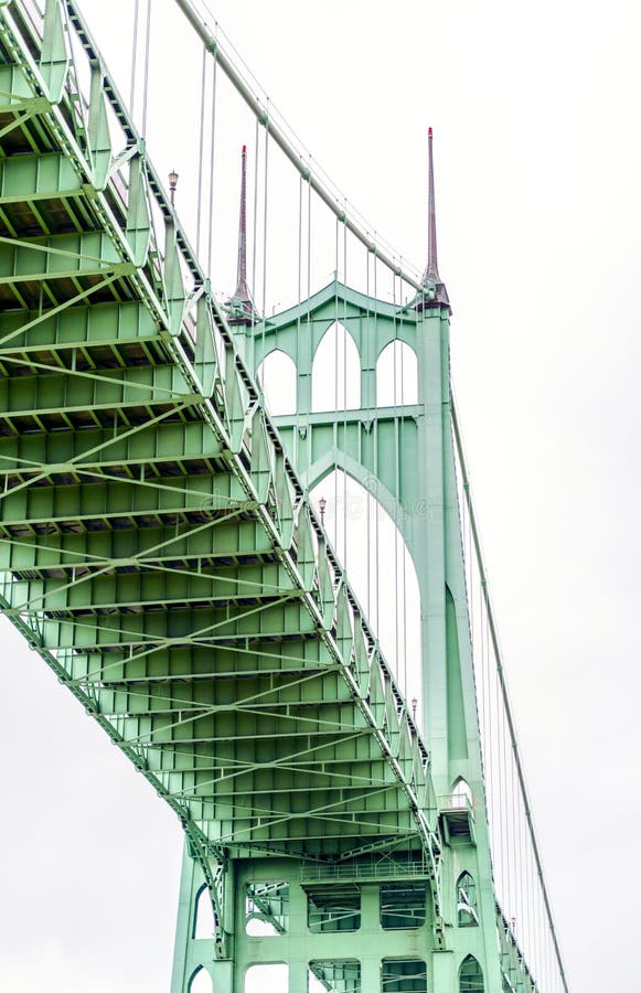Famous popular truss gothic St Johns bridge across the Willamette River in idustrial Portland. Famous gothic arched rope support of a long truss transportation stock photography Famous popular truss gothic St Johns bridge across the Willamette River in idustrial Portland. Famous gothic arched rope support of a long truss transportation stock photography