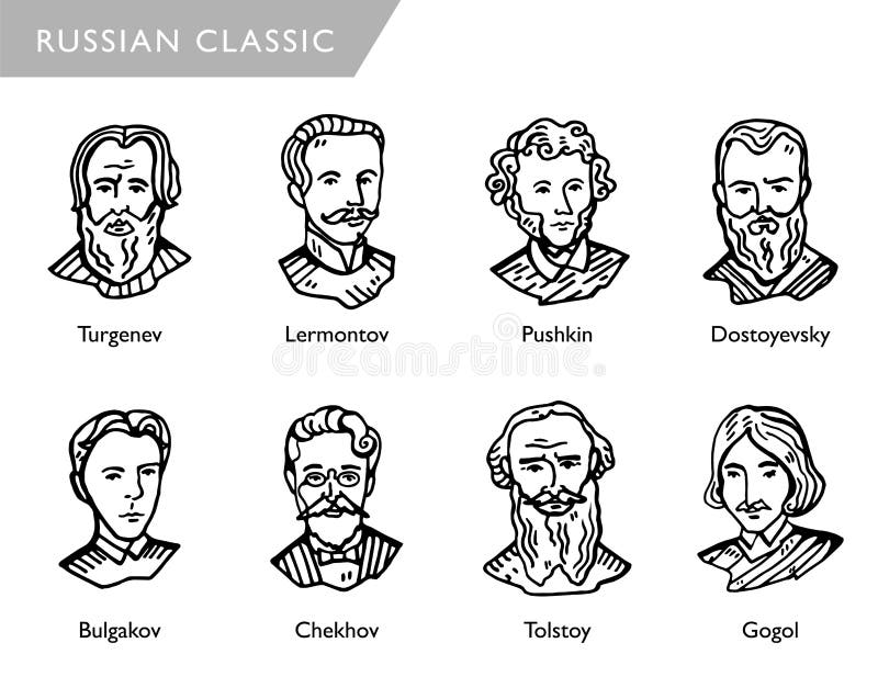 Most famous russian writers, vector portraits, Turgenev, Lermontov, Pushkin, Dostoyevsky Bulgakov Chekhov Tolstoy Gogol