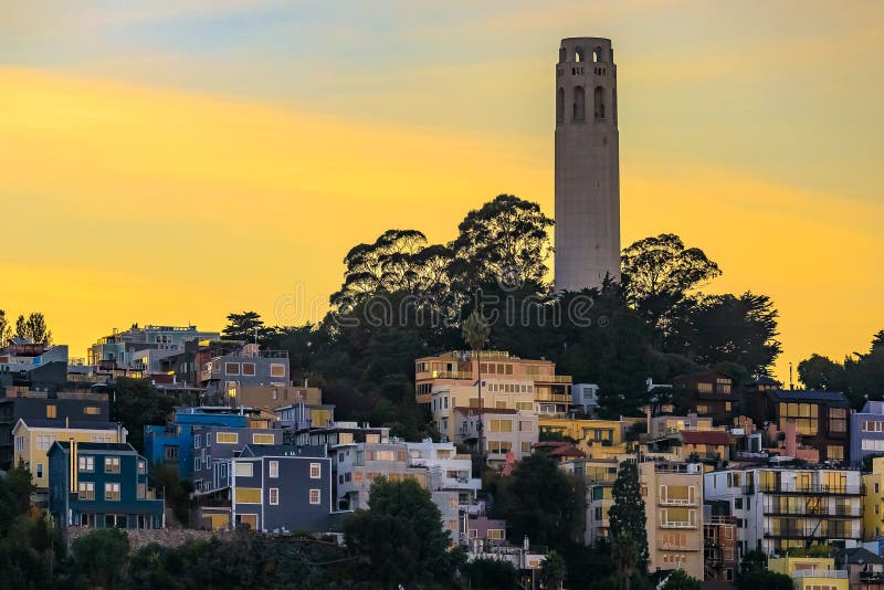 Famous San Francisco Coit Tower on Telegraph Hill at sunset