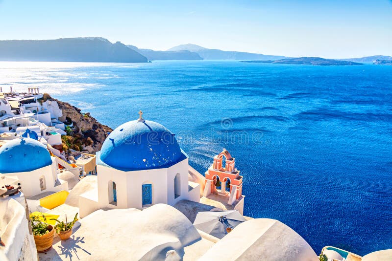 Famous Santorini Iconic View. Blue Domes and Traditional White Houses ...