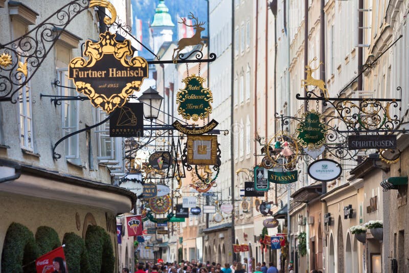 Famous shopping street in Salzburg, Austria stock photos Famous shopping street in Salzburg, Austria stock photos