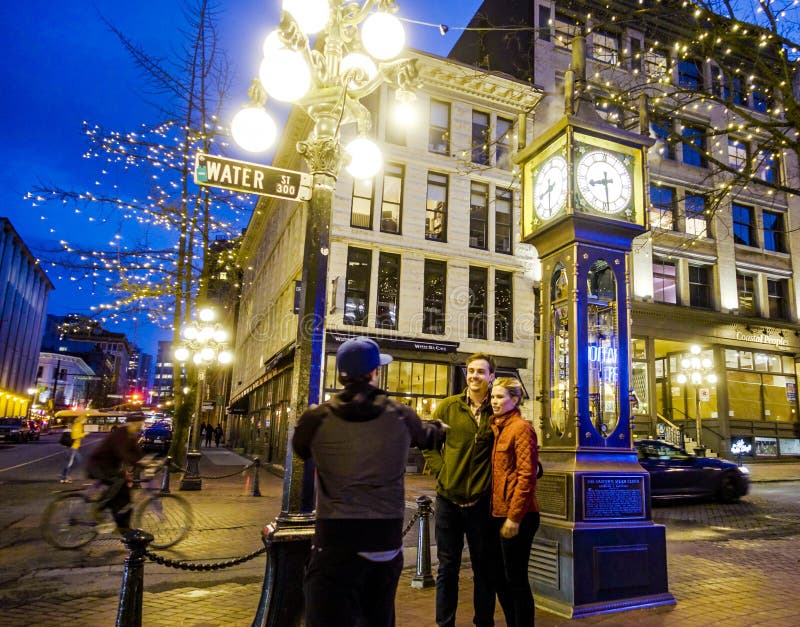 Famous Steam Clock in Vancouver at Night VANCOUVER CANADA APRIL