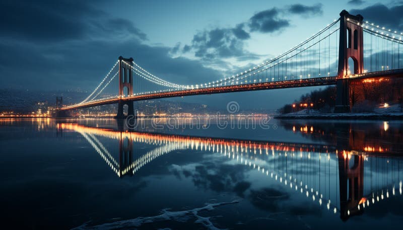 Famous suspension bridge reflects city bright skyline at dusk generated by AI