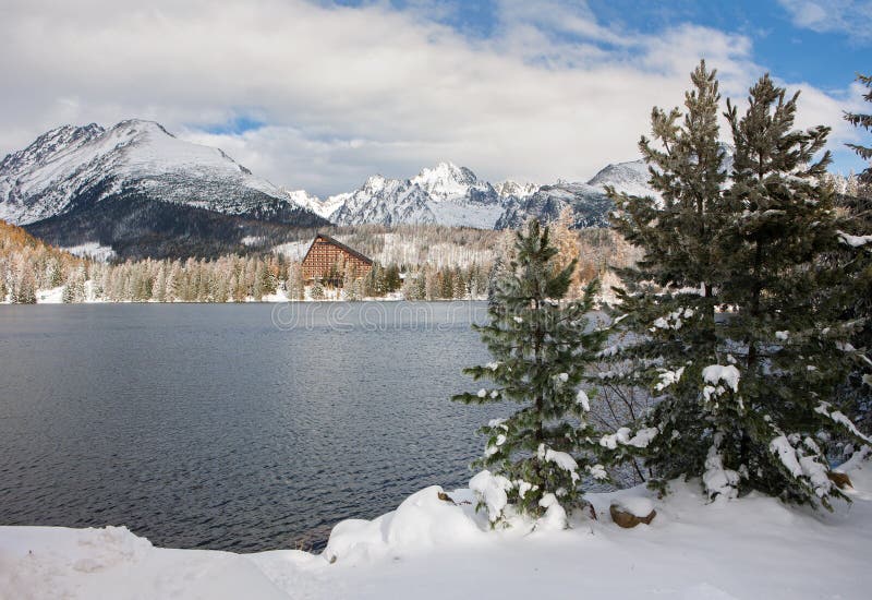 The famous tourist attraction Strbske Pleso winter lake in high