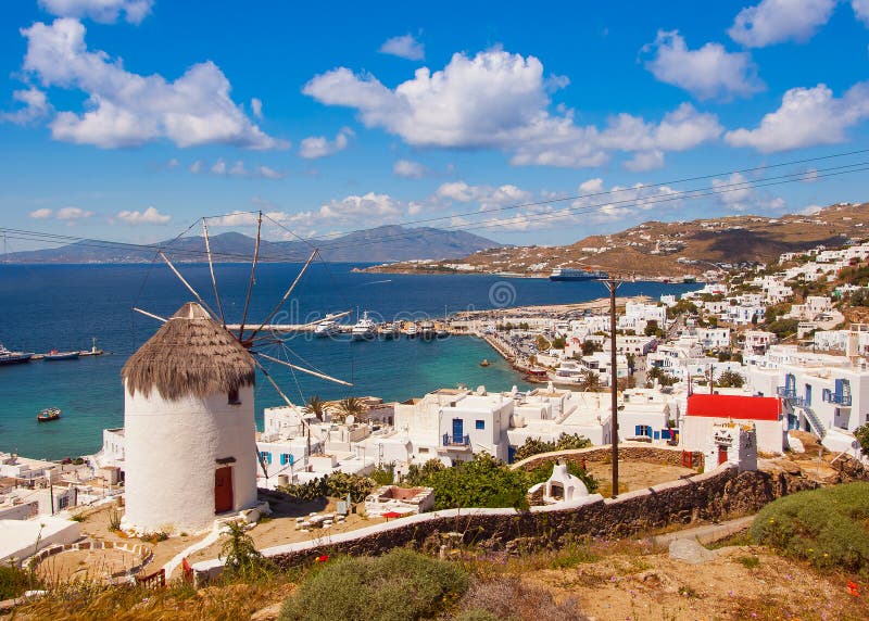 The famous windmill above the town of Mykonos in Greece against