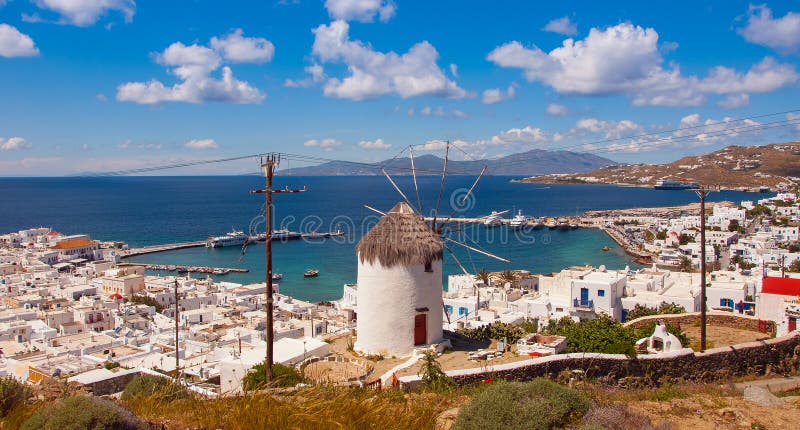 The famous windmill above the town of Mykonos in Greece against