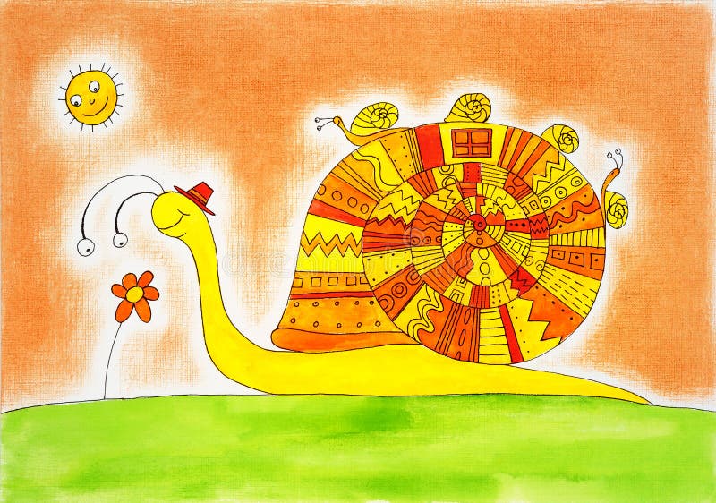 Família do caracol, childs que tiram, pintura da aguarela ilustração royalty free Família do caracol, childs que tiram, pintura da aguarela ilustração royalty free