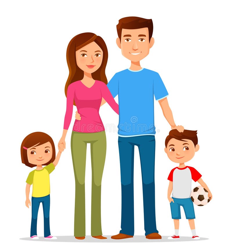 Família dos desenhos animados na roupa ocasional colorida ilustração stock Família dos desenhos animados na roupa ocasional colorida ilustração stock