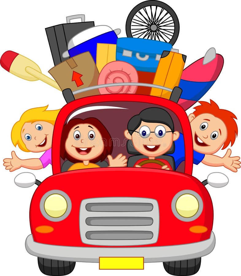 Família dos desenhos animados que viaja com carro