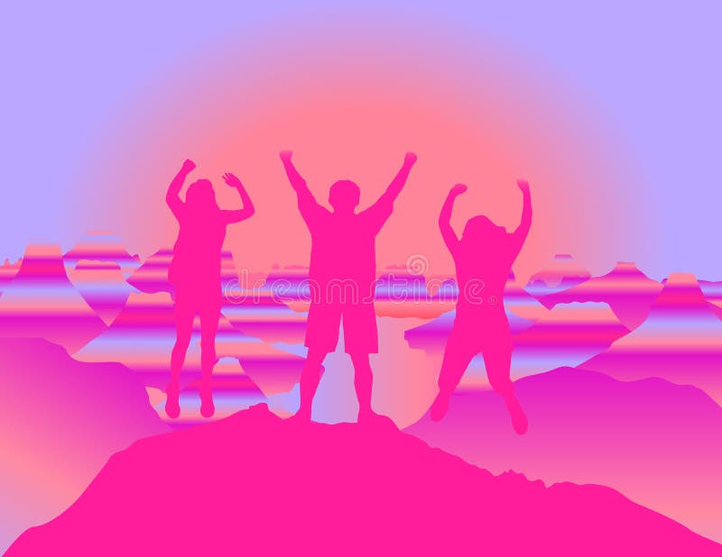 Família feliz com as mãos acima que saltam e que têm o divertimento na parte superior da montanha no por do sol ilustração stock Família feliz com as mãos acima que saltam e que têm o divertimento na parte superior da montanha no por do sol ilustração stock