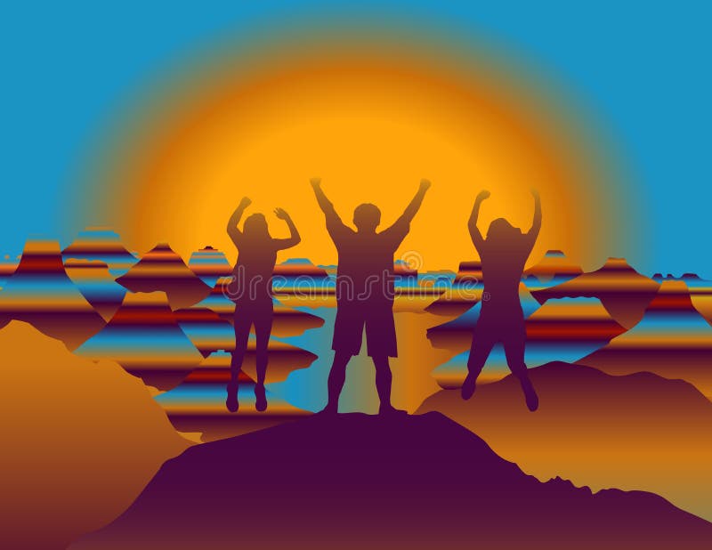 Família feliz com as mãos acima que saltam e que têm o divertimento na parte superior da montanha no por do sol ilustração royalty free Família feliz com as mãos acima que saltam e que têm o divertimento na parte superior da montanha no por do sol ilustração royalty free
