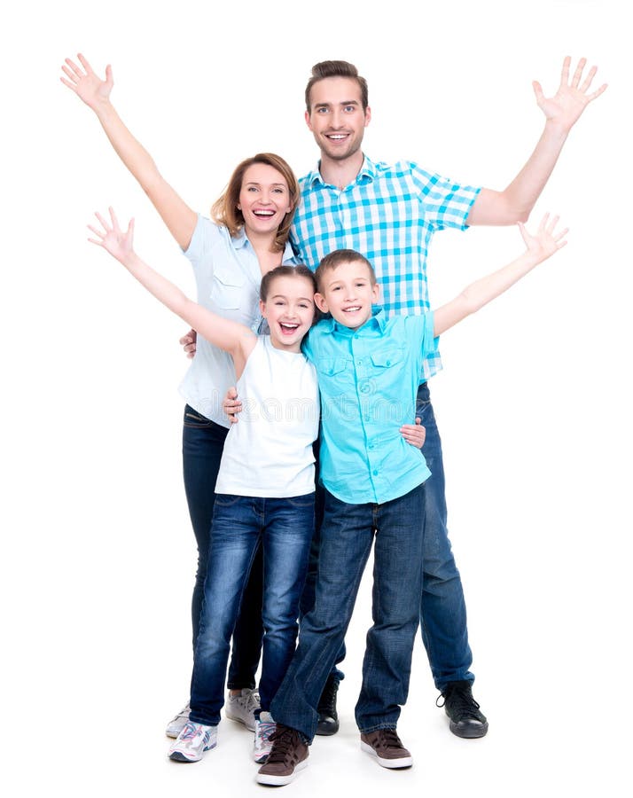 Young happy family with children raised hands up - isolated on white background. Young happy family with children raised hands up - isolated on white background