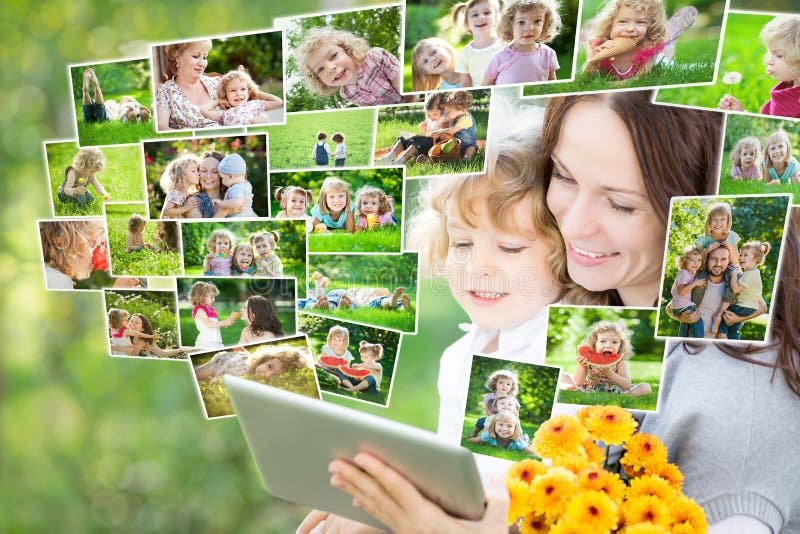 Família feliz que usa o PC da tabuleta foto de stock royalty free Família feliz que usa o PC da tabuleta foto de stock royalty free