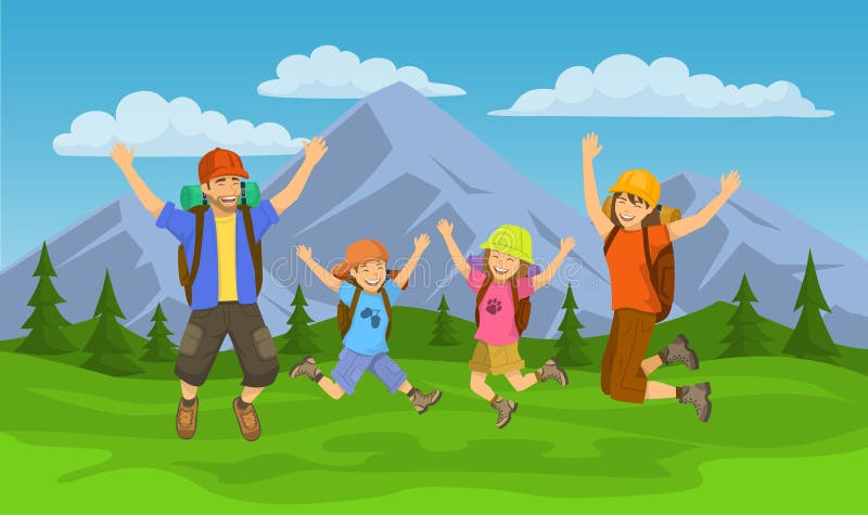 Família feliz, saltando para que a alegria vá acampar ilustração royalty free Família feliz, saltando para que a alegria vá acampar ilustração royalty free