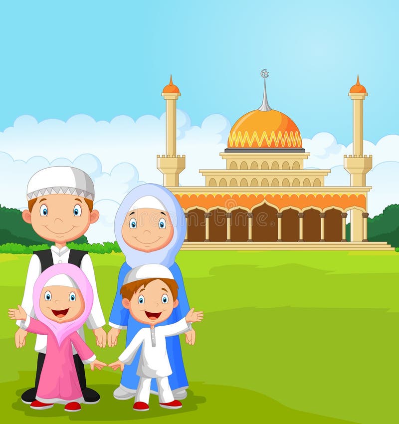Illustration of Cartoon happy Muslim family. Illustration of Cartoon happy Muslim family