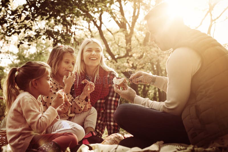 Família nova feliz que tem o piquenique junto no parque foto de stock Família nova feliz que tem o piquenique junto no parque foto de stock