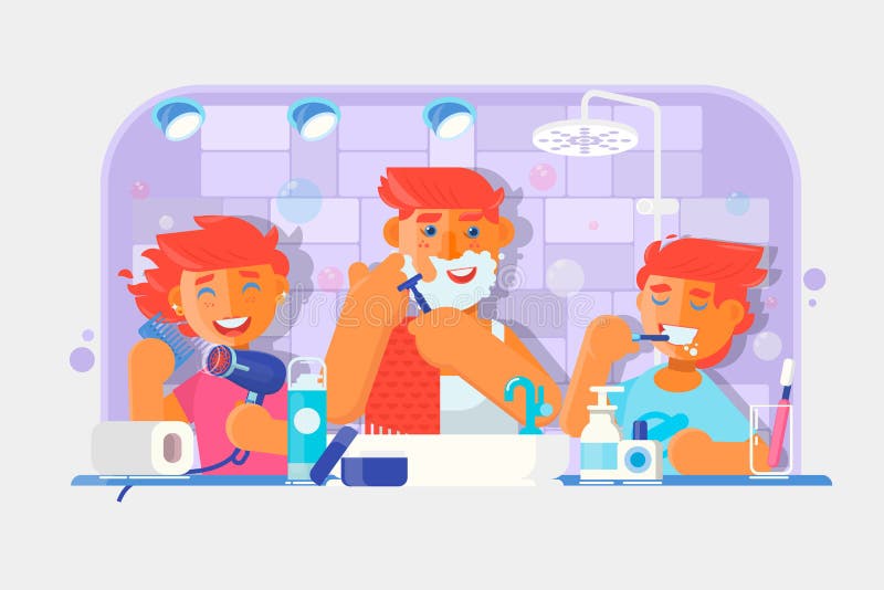 Família nova Menino que escova seus dentes, homem que barbeia sua cara, menina que penteia seu cabelo no banheiro Vetor ilustração stock Família nova Menino que escova seus dentes, homem que barbeia sua cara, menina que penteia seu cabelo no banheiro Vetor ilustração stock