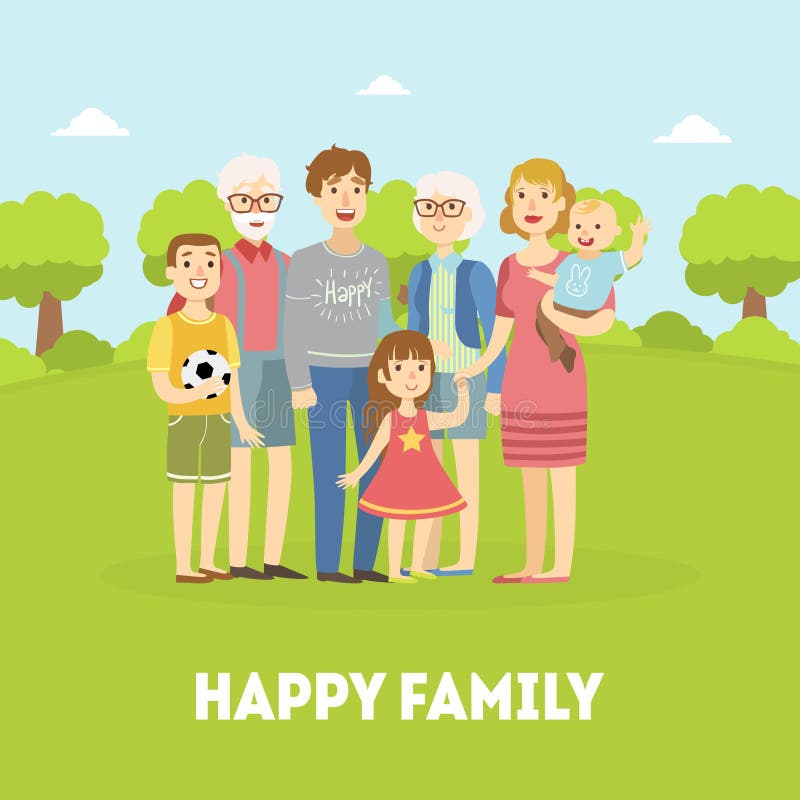 Família, pai, mãe, avô, avó feliz e crianças levantando junto no vetor do fundo da natureza ilustração royalty free Família, pai, mãe, avô, avó feliz e crianças levantando junto no vetor do fundo da natureza ilustração royalty free