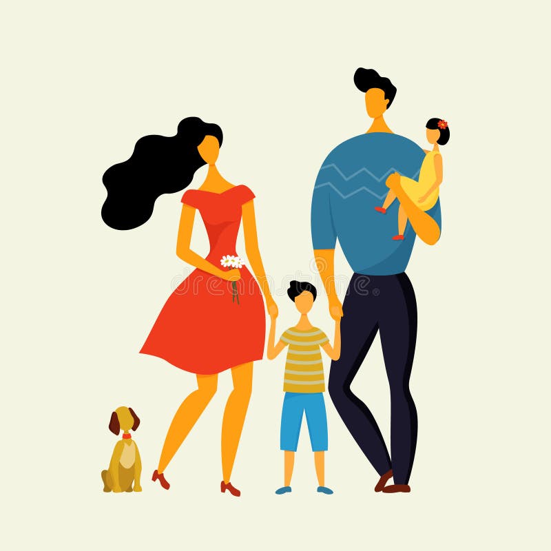 Família, pai, mãe, filho feliz e filha andando o cão no verão ilustração do vetor Família, pai, mãe, filho feliz e filha andando o cão no verão ilustração do vetor