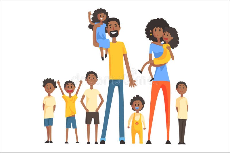 Família preta feliz com o retrato de muitas crianças toda a ilustração colorida de sorriso dos pais das crianças e dos bebês ilustração royalty free Família preta feliz com o retrato de muitas crianças toda a ilustração colorida de sorriso dos pais das crianças e dos bebês ilustração royalty free