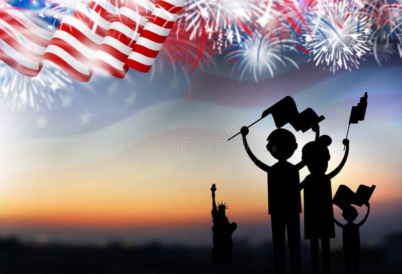 Família que guarda a bandeira americana com fogos-de-artifício fotos de stock royalty free Família que guarda a bandeira americana com fogos-de-artifício fotos de stock royalty free