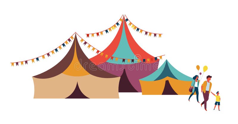 Big top circus family and weekend entertainment color tents vector mother father and kid with balloons show or performance spectators fun fair carnival or fairground amusement and festival event. Big top circus family and weekend entertainment color tents vector mother father and kid with balloons show or performance spectators fun fair carnival or fairground amusement and festival event.