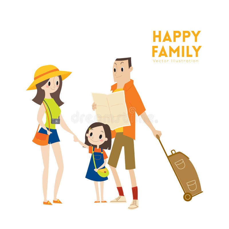 Família urbana moderna feliz do turista com o pronto para a ilustração dos desenhos animados das férias ilustração stock Família urbana moderna feliz do turista com o pronto para a ilustração dos desenhos animados das férias ilustração stock