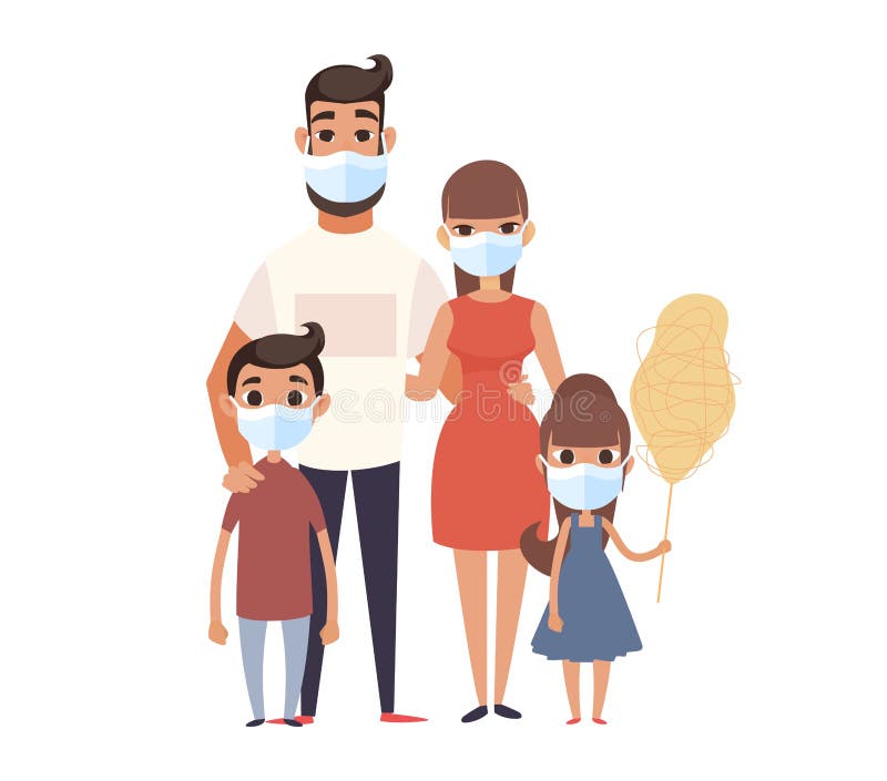 Família usando máscara facial. prevenir vírus19. conceito de proteção contra coronavírus. Vírus da Corona de Segurança