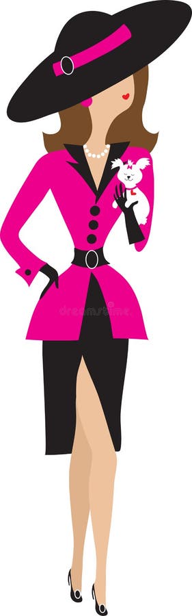 Fancy Lady and Puppy. An attractive, fashionably dressed lady, completes her image with a cute, smiling puppy held in one arm stock illustration