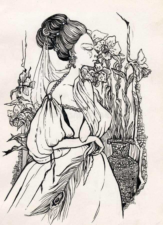 Fancy woman 18 century. Ink illustration vector illustration