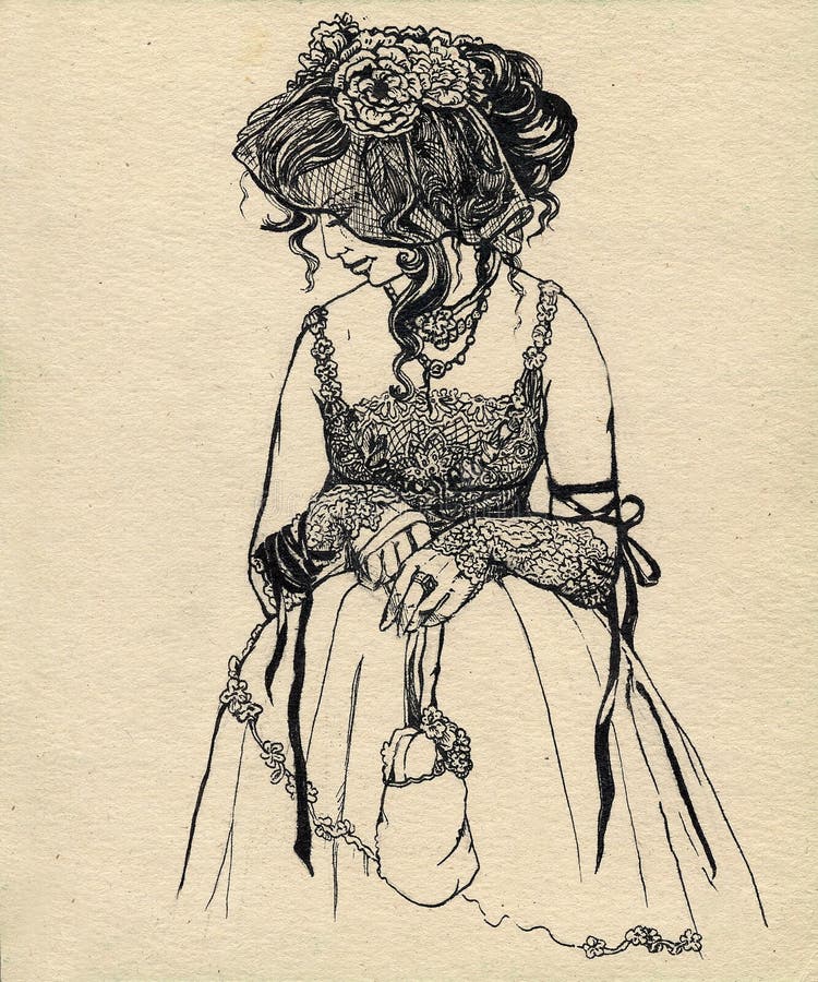 Fancy woman 19 century. Ink illustration stock illustration