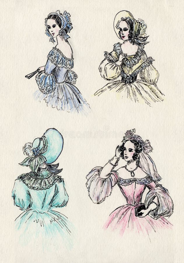 Fancy women 18 century. Ink illustration vector illustration