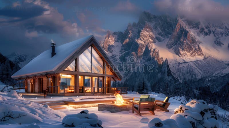 Cozy lodge in mountains, snowy peaks in view, with warm lights and fire pit, ideal for winter retreats. Private retreats. AI generated. Cozy lodge in mountains, snowy peaks in view, with warm lights and fire pit, ideal for winter retreats. Private retreats. AI generated