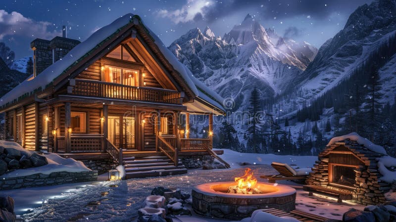 Secluded mountain lodge with snowy views, warm outdoor lighting and fire pit for perfect winter getaways. Private retreats. AI generated. Secluded mountain lodge with snowy views, warm outdoor lighting and fire pit for perfect winter getaways. Private retreats. AI generated