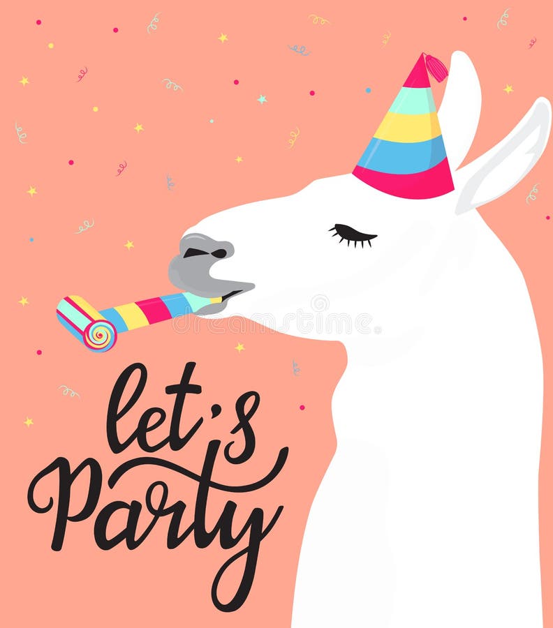 Fanny-Lama in einem gestreiften Hut mit einer Pfeife Alpaka feiert Geburtstag confetti Lässt gezeichnete Beschriftung der Partei lizenzfreie abbildung Fanny-Lama in einem gestreiften Hut mit einer Pfeife Alpaka feiert Geburtstag confetti Lässt gezeichnete Beschriftung der Partei lizenzfreie abbildung