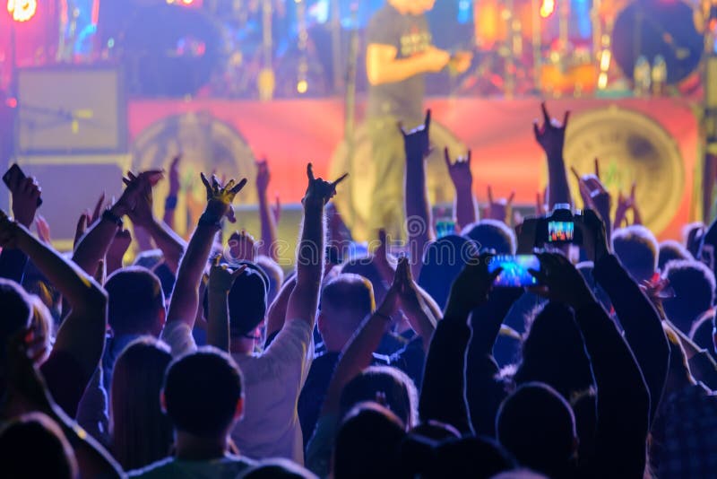 Fans Cheering Musicians on Stage at Live Rock Music Concert Stock Photo ...