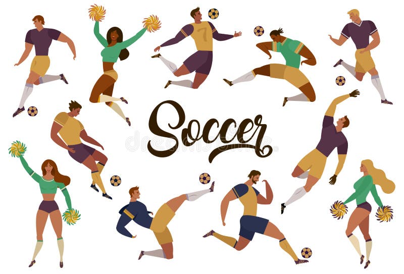 Fans de las animadoras de los jugadores de fútbol del fútbol fijadas de figuras humanas aisladas con las marcas del merch del eje libre illustration Fans de las animadoras de los jugadores de fútbol del fútbol fijadas de figuras humanas aisladas con las marcas del merch del eje libre illustration