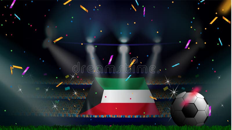 Fans rymmer flaggan av Kuwait bland kontur av folkmassaåhörare i fotbollstadion med konfettier för att fira fotbollleken royaltyfri illustrationer Fans rymmer flaggan av Kuwait bland kontur av folkmassaåhörare i fotbollstadion med konfettier för att fira fotbollleken royaltyfri illustrationer