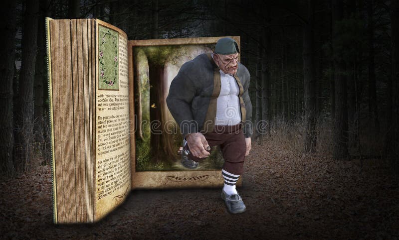 A storybook fantasy comes to life as an ogre walks out of a reading book. A good story is fun to read. The mythical monster or beast is in a deep, dark, mysterious forest or woods. A storybook fantasy comes to life as an ogre walks out of a reading book. A good story is fun to read. The mythical monster or beast is in a deep, dark, mysterious forest or woods.