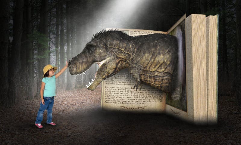 Fantasi gyckel, lek, flicka, Dinoaur royaltyfri bild Fantasi gyckel, lek, flicka, Dinoaur royaltyfri bild