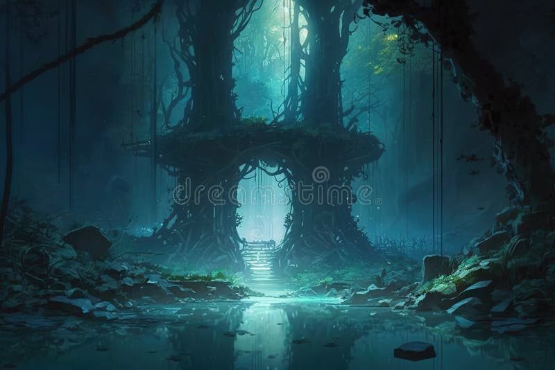 Ambiente de fantasia de uma floresta mágica no estilo de arte anime