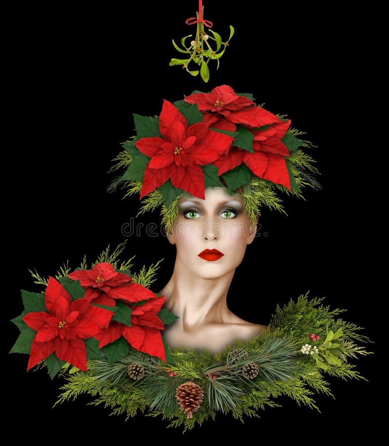 Fashion model under the mistletoe wearing poinsettias and pine cones with winter berries. Fashion model under the mistletoe wearing poinsettias and pine cones with winter berries