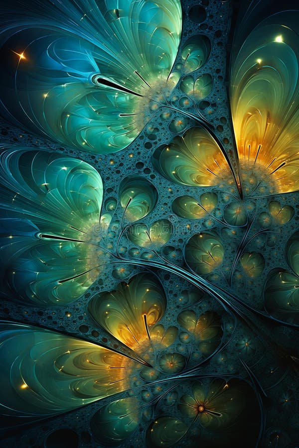 Fantasia fratturata : una farfalla aliena complessa in un fiore blu illustrazione di stock
