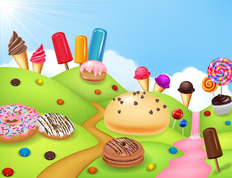 Illustration of Fantasy candyland with dessrts and sweets. Illustration of Fantasy candyland with dessrts and sweets