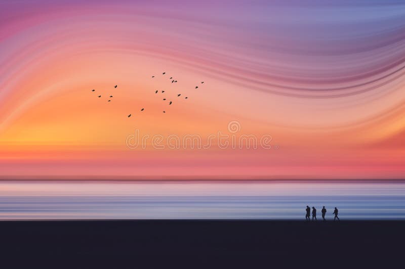 Fantasie dromerig landschap met motieonduidelijk beeld van strand bij zonsondergang stock fotografie Fantasie dromerig landschap met motieonduidelijk beeld van strand bij zonsondergang stock fotografie