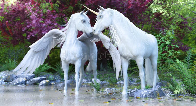 Fantasie mythische witte Eenhoorn en Pegasus in een verrukt bos stock illustratie Fantasie mythische witte Eenhoorn en Pegasus in een verrukt bos stock illustratie